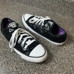Converse All Star Low Top Women Sz 8 Sequined Black Canvas Sneaker Skate Lace Up